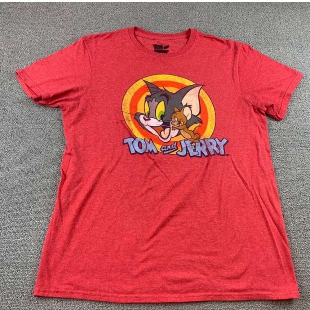 Tom and Jerry Mens M Red Heather Crewneck Cartoon‎ Graphic T Shirt